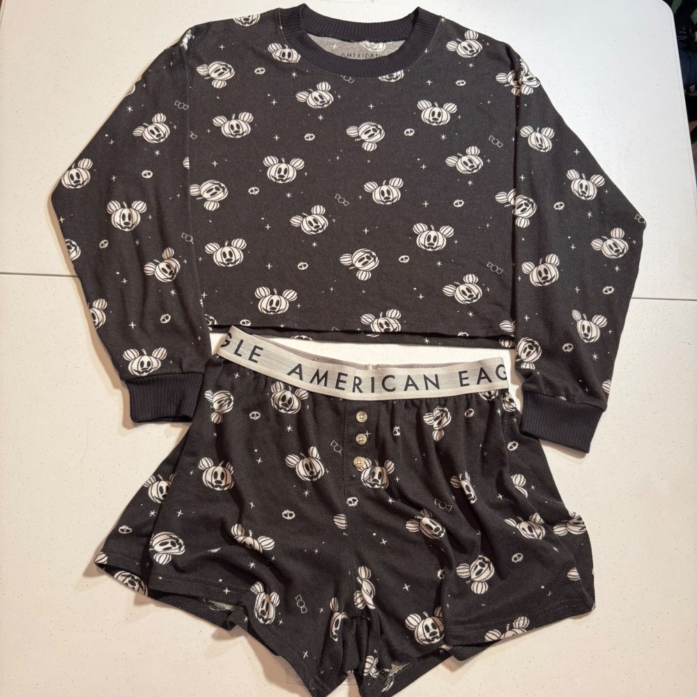 American Eagle Disney Mickey Mouse Halloween Pajama‎ Set Black Pumpkin Small